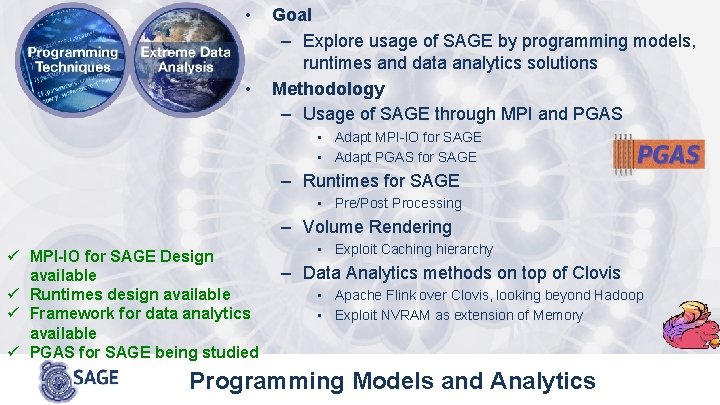  • • Goal – Explore usage of SAGE by programming models, runtimes and