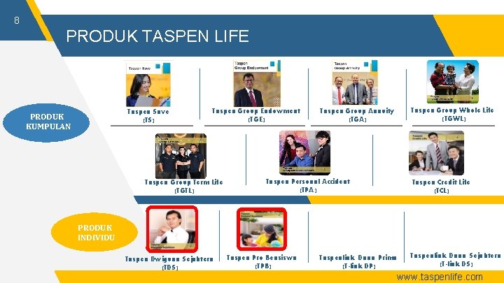8 PRODUK TASPEN LIFE Taspen Save (TS) PRODUK KUMPULAN Taspen Group Endowment (TGE) Taspen