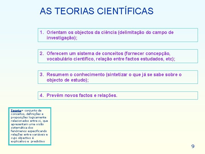 AS TEORIAS CIENTÍFICAS 1. Orientam os objectos da ciência (delimitação do campo de investigação); AS TEORIAS CIENTÍFICAS 1. Orientam os objectos da ciência (delimitação do campo de investigação);