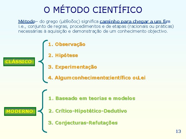 O MÉTODO CIENTÍFICO Método – do grego (μέθοδος) significa caminho para chegar a um O MÉTODO CIENTÍFICO Método – do grego (μέθοδος) significa caminho para chegar a um