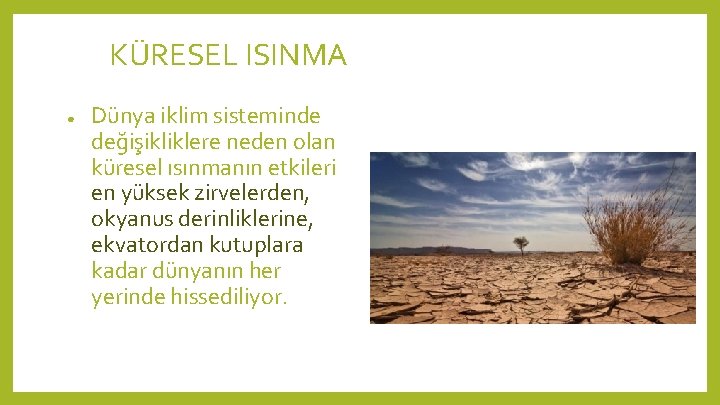 KÜRESEL ISINMA ● Dünya iklim sisteminde değişikliklere neden olan küresel ısınmanın etkileri en yüksek