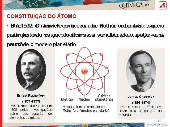 QUÍMICA 10 CONSTITUIÇÃO DO ÁTOMO • Utilizando Em 1932, um Chadwick feixe decomprovou partículas