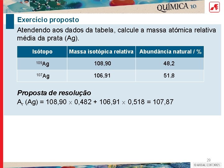 QUÍMICA 10 Exercício proposto Atendendo aos dados da tabela, calcule a massa atómica relativa