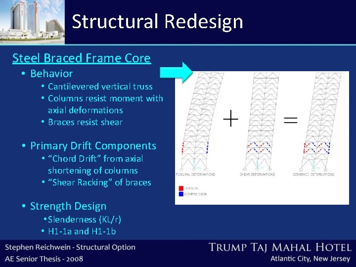 Structural Redesign Steel Braced Frame Core • Behavior • Cantilevered vertical truss • Columns