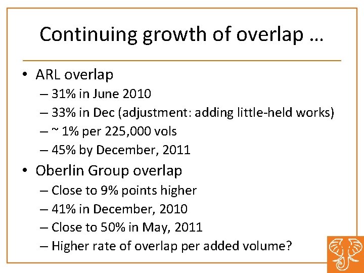 Continuing growth of overlap … • ARL overlap – 31% in June 2010 –