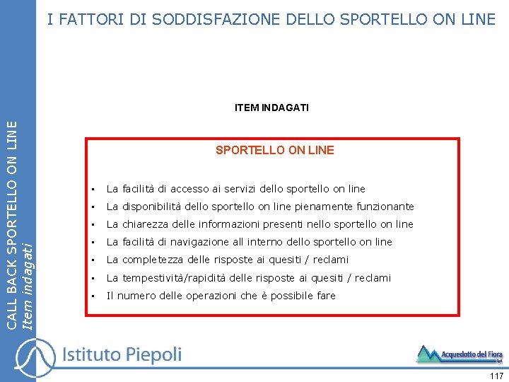 I FATTORI DI SODDISFAZIONE DELLO SPORTELLO ON LINE CALL BACK SPORTELLO ON LINE Item