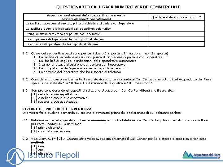 QUESTIONARIO CALL BACK NUMERO VERDE COMMERCIALE Aspetti della relazione telefonica con il numero verde