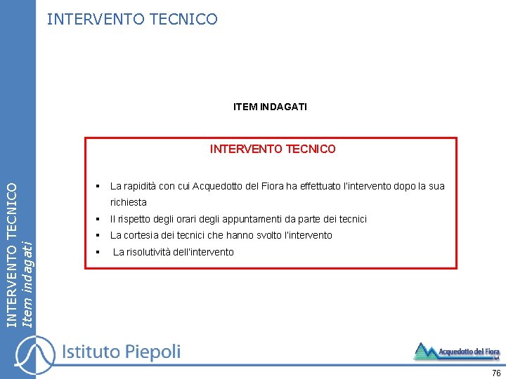 INTERVENTO TECNICO ITEM INDAGATI INTERVENTO TECNICO Item indagati INTERVENTO TECNICO § La rapidità con