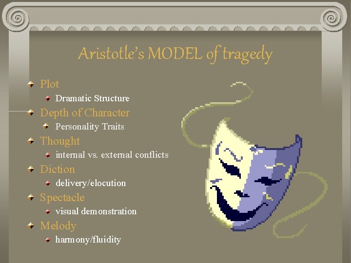 Aristotle’s MODEL of tragedy Plot Dramatic Structure Depth of Character Personality Traits Thought internal