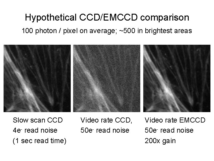 Hypothetical CCD/EMCCD comparison 100 photon / pixel on average; ~500 in brightest areas Slow