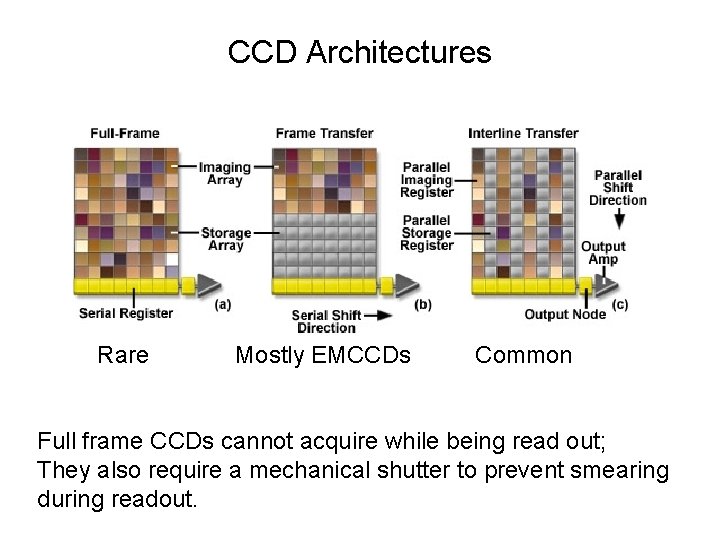 CCD Architectures Rare Mostly EMCCDs Common Full frame CCDs cannot acquire while being read