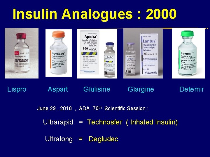 Insulin Analogues : 2000 Lispro Aspart Glulisine Glargine Detemir June 29 , 2010 ,