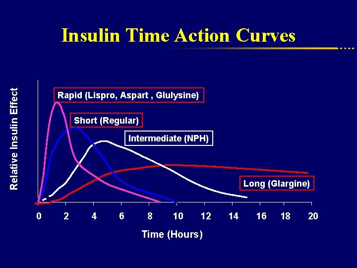 Relative Insulin Effect Insulin Time Action Curves Rapid (Lispro, Aspart , Glulysine) Short (Regular)