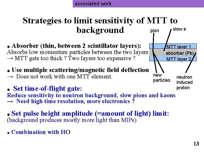 associated work Strategies to limit sensitivity of MTT to slow e pion background Absorber