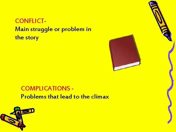 CONFLICTMain struggle or problem in the story COMPLICATIONS Problems that lead to the climax