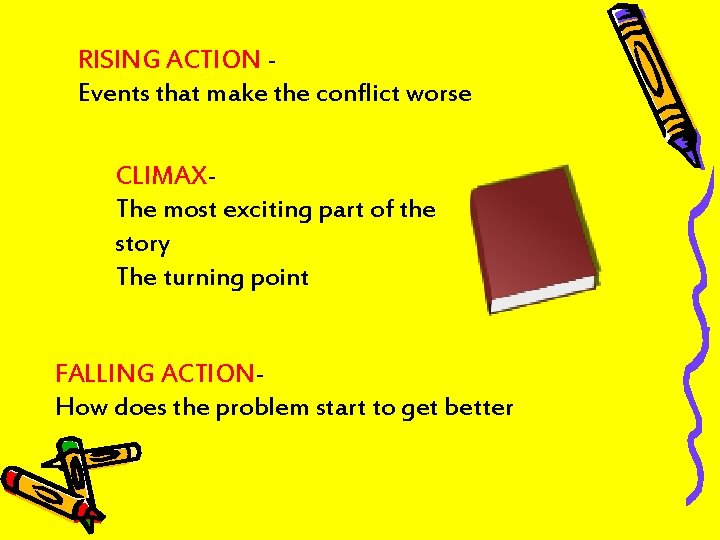 RISING ACTION Events that make the conflict worse CLIMAXThe most exciting part of the