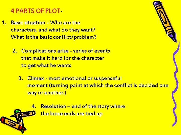 4 PARTS OF PLOT 1. Basic situation - Who are the characters, and what