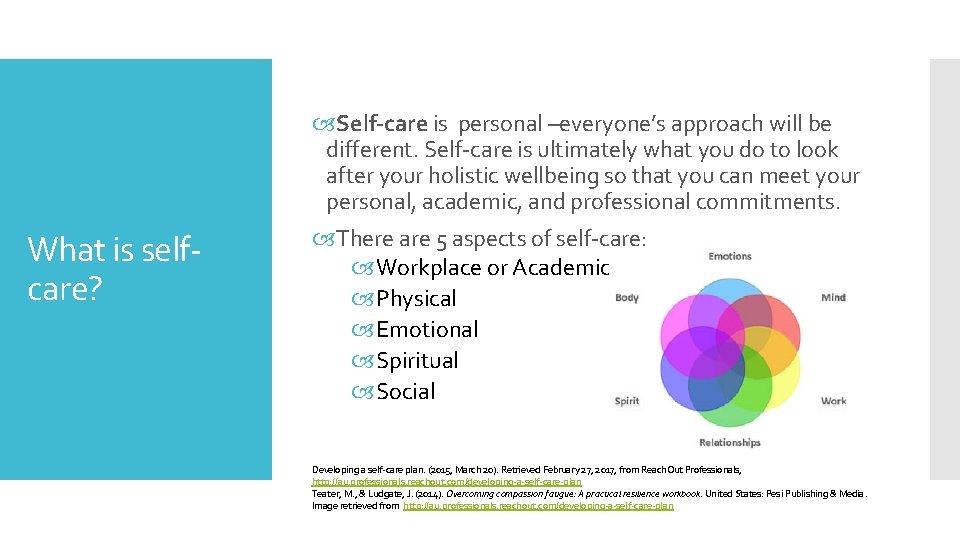  Self-care is personal –everyone’s approach will be different. Self-care is ultimately what you