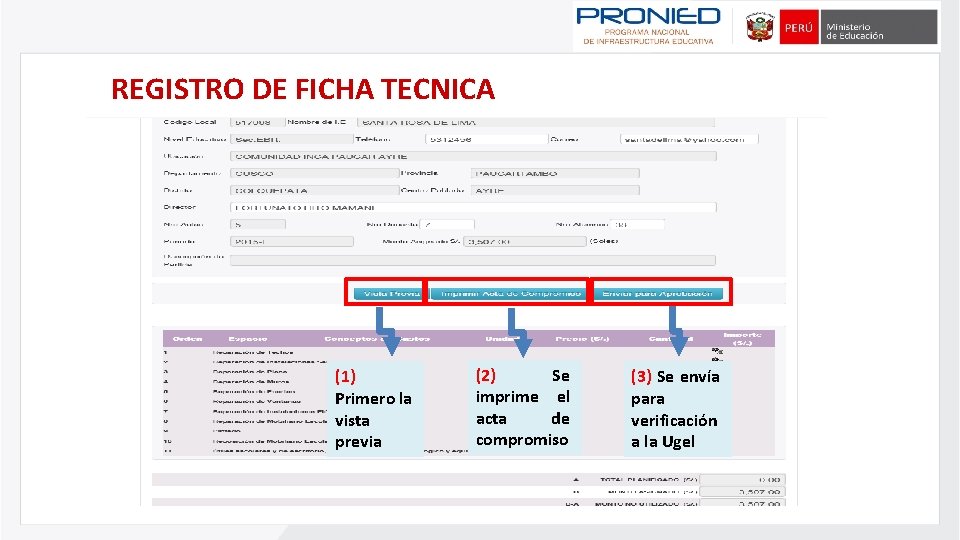 REGISTRO DE FICHA TECNICA (1) Primero la vista previa (2) Se imprime el acta