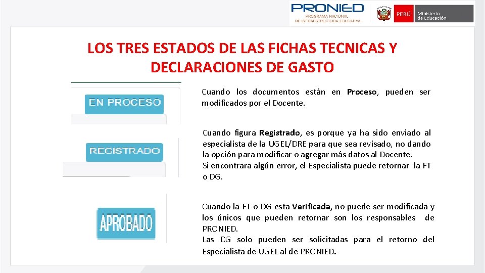 LOS TRES ESTADOS DE LAS FICHAS TECNICAS Y DECLARACIONES DE GASTO Cuando los documentos