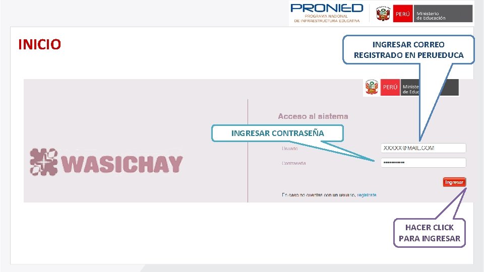 INICIO INGRESAR CORREO REGISTRADO EN PERUEDUCA INGRESAR CONTRASEÑA HACER CLICK PARA INGRESAR 