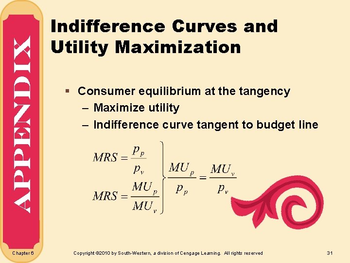 Appendix Chapter 6 Indifference Curves and Utility Maximization § Consumer equilibrium at the tangency