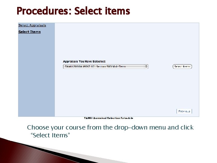 Procedures: Select items Choose your course from the drop-down menu and click “Select Items”