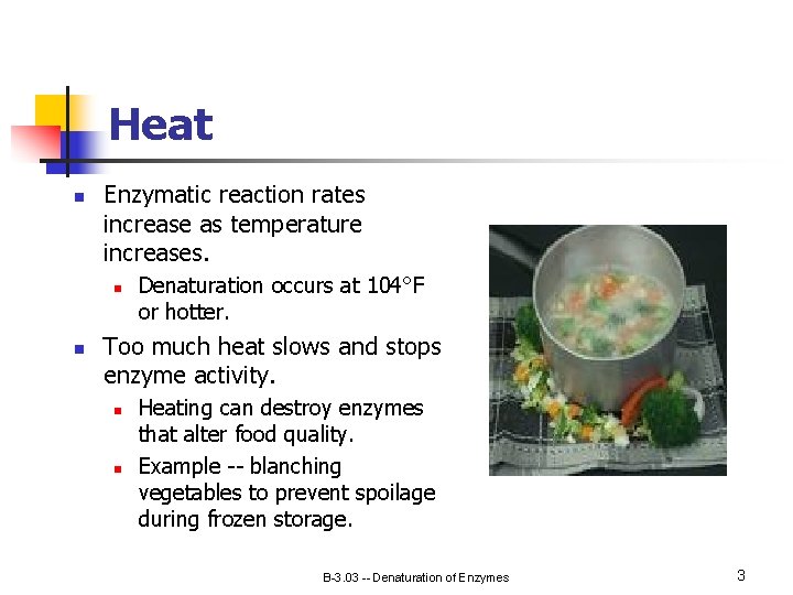Heat n Enzymatic reaction rates increase as temperature increases. n n Denaturation occurs at