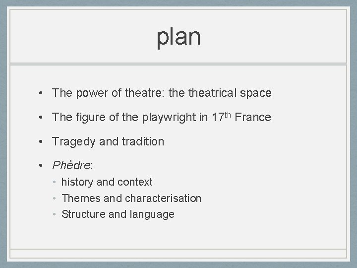 plan • The power of theatre: theatrical space • The figure of the playwright