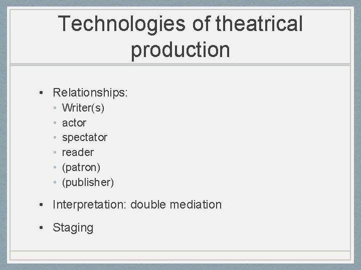 Technologies of theatrical production • Relationships: • • • Writer(s) actor spectator reader (patron)