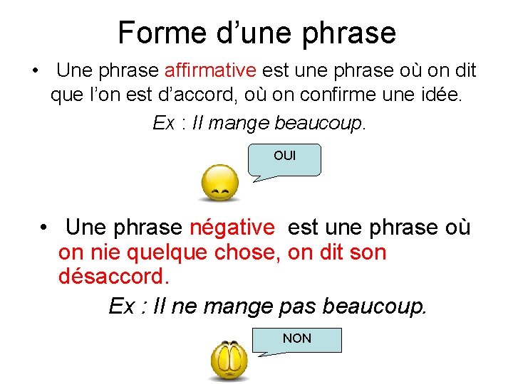 Forme d’une phrase • Une phrase affirmative est une phrase où on dit que