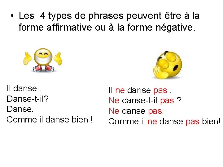  • Les 4 types de phrases peuvent être à la forme affirmative ou