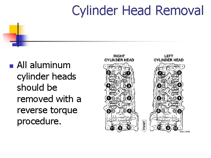 Cylinder Head Removal n All aluminum cylinder heads should be removed with a reverse