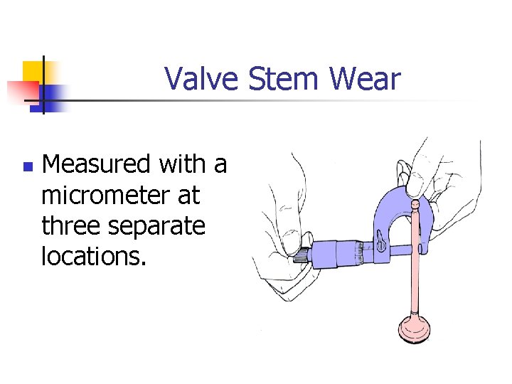 Valve Stem Wear n Measured with a micrometer at three separate locations. 
