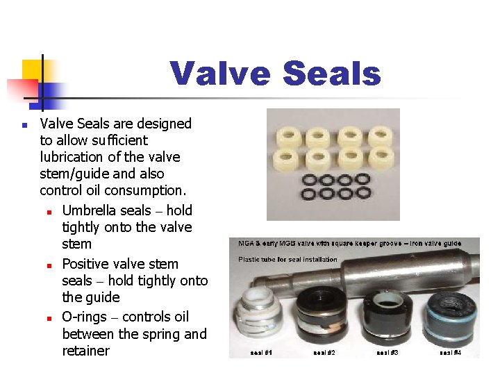 Valve Seals n Valve Seals are designed to allow sufficient lubrication of the valve
