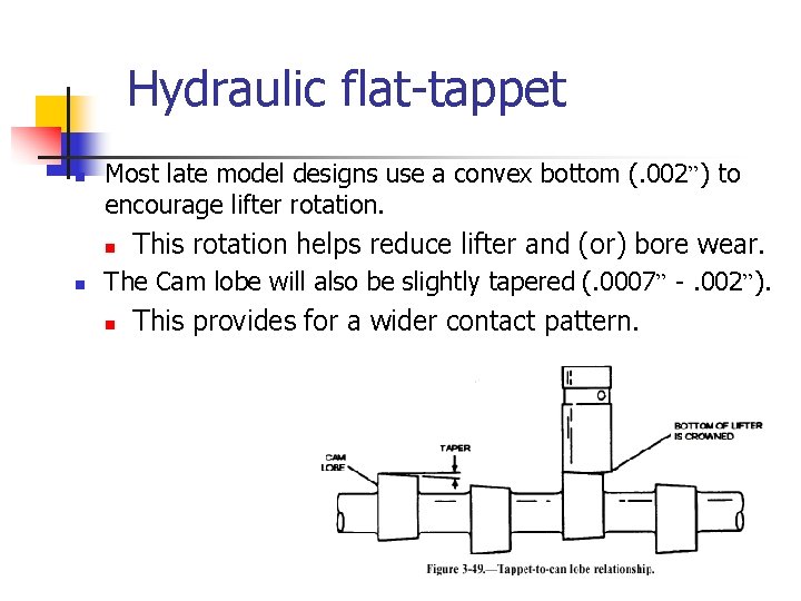 Hydraulic flat-tappet n Most late model designs use a convex bottom (. 002”) to