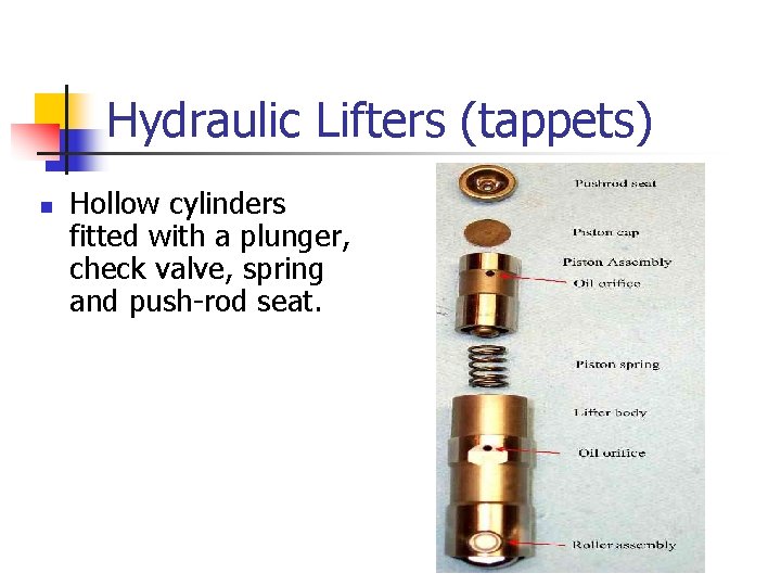 Hydraulic Lifters (tappets) n Hollow cylinders fitted with a plunger, check valve, spring and