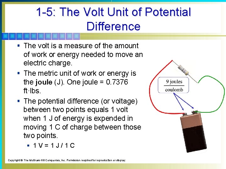 1 -5: The Volt Unit of Potential Difference § The volt is a measure