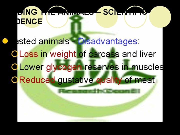 FEEDING THE ANIMALS – SCIENTIFIC EVIDENCE l. Fasted animals - Disadvantages: ¡Loss in weight