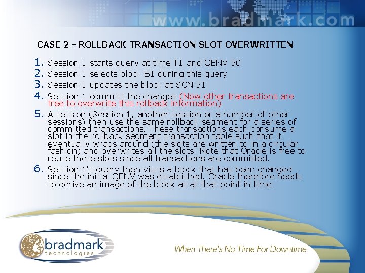 CASE 2 - ROLLBACK TRANSACTION SLOT OVERWRITTEN 1. 2. 3. 4. 5. 6. Session