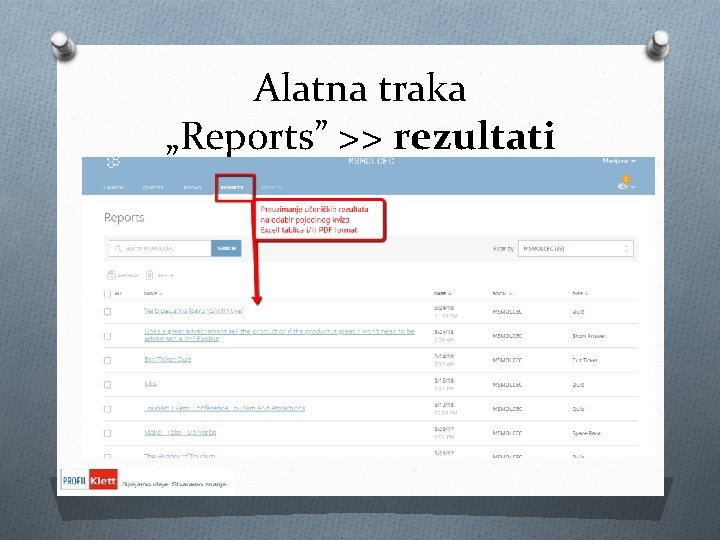 Alatna traka „Reports” >> rezultati 