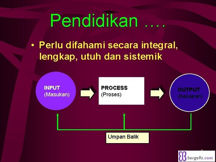 Pendidikan …. • Perlu difahami secara integral, lengkap, utuh dan sistemik INPUT (Masukan) PROCESS