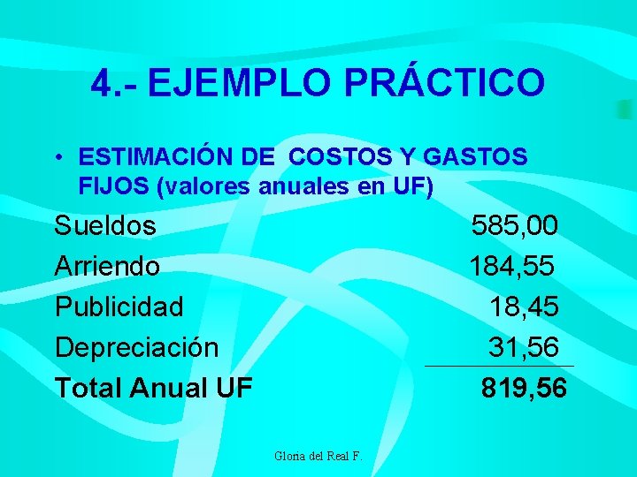 4. - EJEMPLO PRÁCTICO • ESTIMACIÓN DE COSTOS Y GASTOS FIJOS (valores anuales en