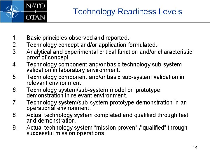 Technology Readiness Levels 1. 2. 3. 4. 5. 6. 7. 8. 9. Basic principles
