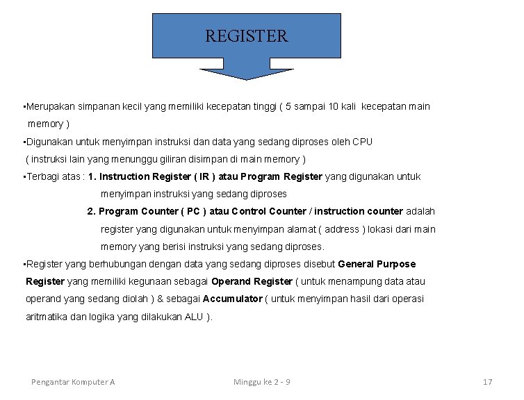 REGISTER • Merupakan simpanan kecil yang memiliki kecepatan tinggi ( 5 sampai 10 kali