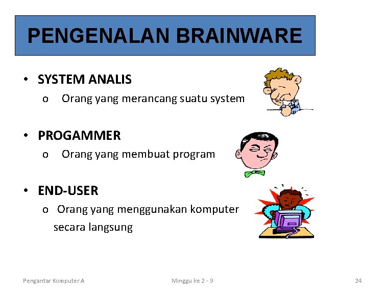 PENGENALAN BRAINWARE • SYSTEM ANALIS o Orang yang merancang suatu system • PROGAMMER o