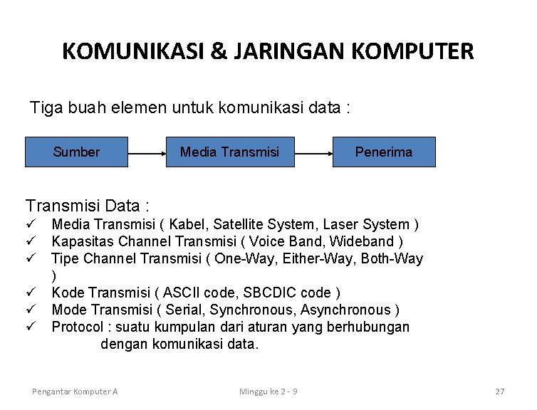 KOMUNIKASI & JARINGAN KOMPUTER Tiga buah elemen untuk komunikasi data : Sumber Media Transmisi