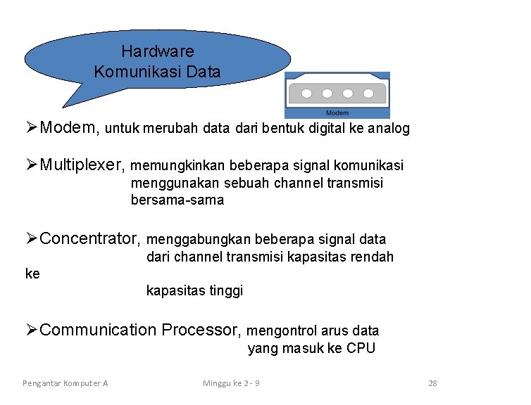 Hardware Komunikasi Data ØModem, untuk merubah data dari bentuk digital ke analog ØMultiplexer, memungkinkan