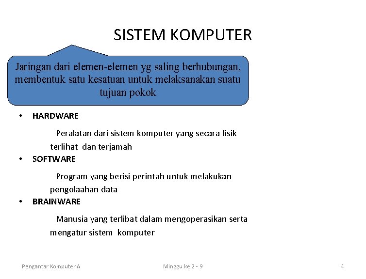 SISTEM KOMPUTER Jaringan dari elemen-elemen yg saling berhubungan, membentuk satu kesatuan untuk melaksanakan suatu