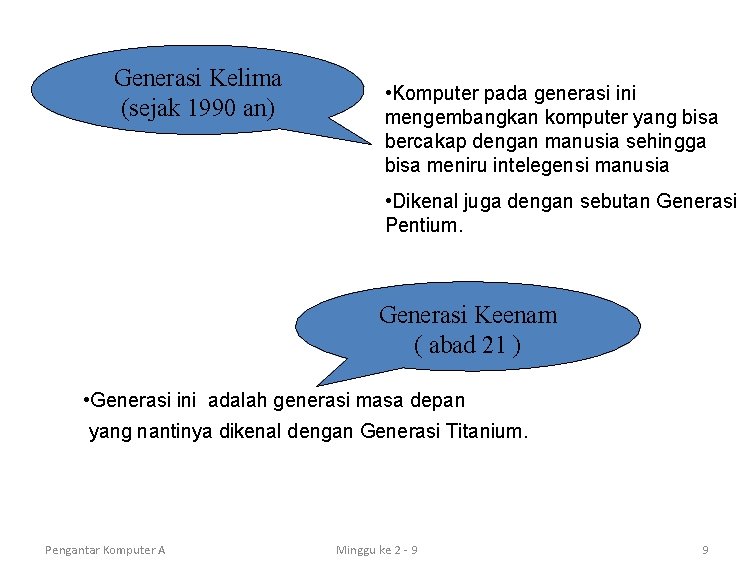 Generasi Kelima (sejak 1990 an) • Komputer pada generasi ini mengembangkan komputer yang bisa